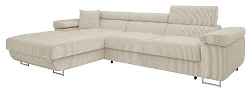 Mirjan24 Ecksofa Torezio Mini Cord mit Bettkasten (Poso 100, L) | Komfortable Eckcouch mit Schlaffunktion, verstellbaren Kopfstützen, weichem Cordbezug und gepolstertem Rücken