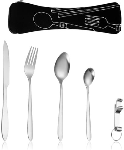 Lot de 5 couverts de camping en acier inoxydable avec sac à couverts, couteau, fourchette, 2 cuillères, décapsuleur, fourchette, couverts de voyage pour 1 personne, voyage, camping, pique-nique (noir