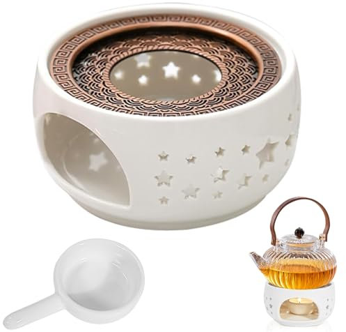 SAMSYOKI Scalda Teiera in Ceramica, Fornellino per Teiera con Stuoia e Portacandele Fornello Teiera Design Scolpito Vuoto Scalda tè in Porcellana per Mantenere Caldi tè e Caffè (Stella)