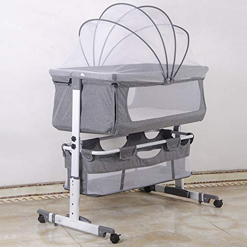 2-in-1 Babybett, Beistellwiege mit Matratze und Moskitonetz, Babybett für Babys von 0 bis 36 Monaten, faltbar, Babywiege, Mobile Beistellbett, 4 Rollen (92 x 58 x 70 – 90 cm, grau)