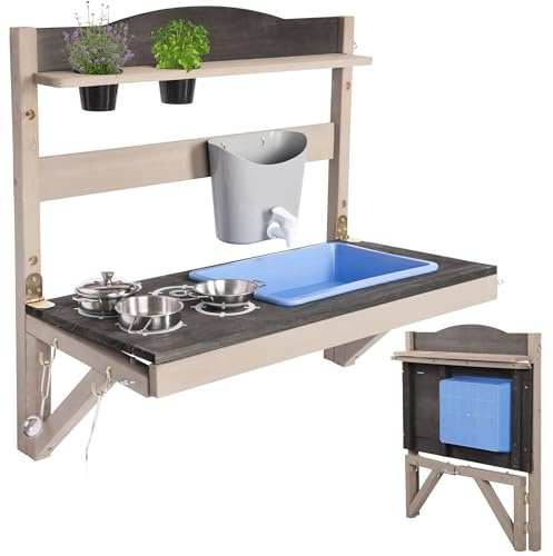 ONVAYA® Hänge-Matschküche ǀ faltbar ǀ Grau ǀ für Outdoor und Indoor ǀ wetterfest ǀ mit Edelstahl-Kochset ǀ Matschküche für den Garten