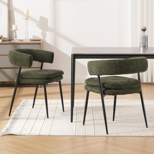 chairus Juego de 2 Sillas de Cocina Modernas con Respaldo Hueco Sillas de Comedor en Chenilla, Silla de Diseño con Cojín Doble y Patas de Metal para Casa/Restaurante, Verde