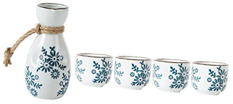 Amosfun Ceramic Sake Pot and Wine Cup Set with Orchid Pattern 1 Ceramic Sake Bottle and 4 White Porcelain Suitable for and Wine Tasting 5pcs Set for Home and Entertaining