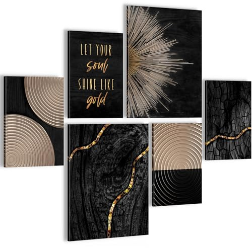 Novart Wandbilder Set Abstrakte Figuren Schwarz Gold - KEIN EXTRA RAHMEN BENÖTIGT - Modern Deko - Wohnzimmer Schlafzimmer Flur N035263a