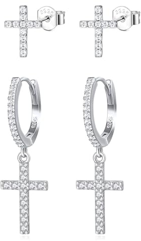 Hinvan Pack de 2 Pares Pendientes Cruz Mujer Pendientes Hombre Cruz Plata Diamante Brillantes Pequeños Circonita Aro