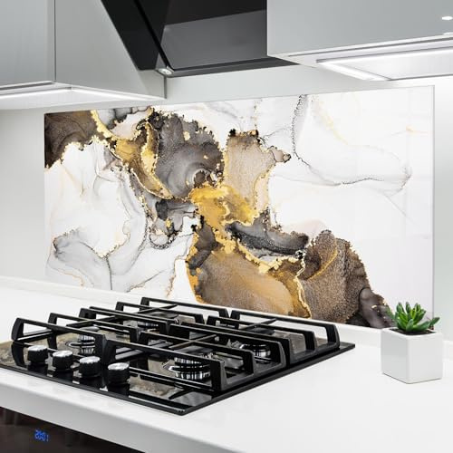 ARTHUB® Küchenrückwand aus Glas 60x150 cm, 4mm ESG | Spritzschutz, Glasplatte, Herdspritzschutz, Wandschutz für Herd, Hartglas, Abstrakte, Marmor, Golden Marble Shades