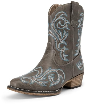 DREAM PAIRS Stivali da Cowboy da Donna, Stile Cowgirl, Stivaletti alla Caviglia Ricamati Tacco Spesso, Stivaletti Corti alla Moda con Cerniera,Size 41.5,Marrone,DWUMAB2511