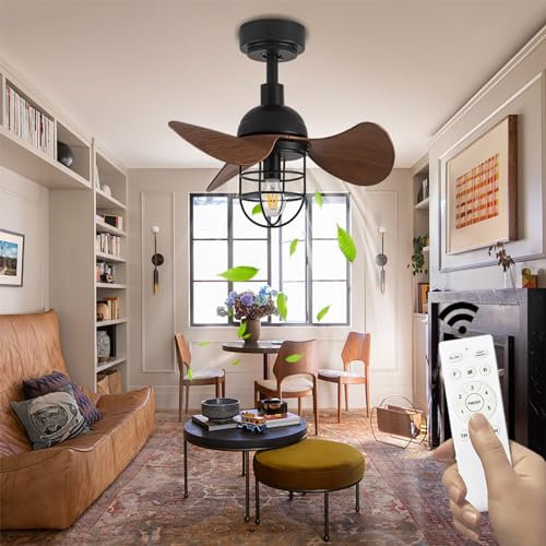 Ventiladores de techo retro pequeños con luces y pantalla, lámpara de techo E27 con ventilador, motores de CC de 6 velocidades reversibles en invierno y verano, ventilador de bombilla silencioso con