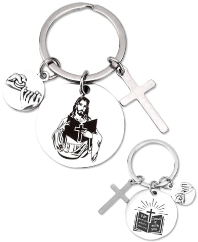 Kristna Nyckelringar, Dubbelsidiga Bibelvers Nyckelringar Rostfritt Stål Jesus Nyckelring med Kors och Pink Svär Religiösa Gåvor Smycken för Kvinnor Män Inspirerande Påsk Dop