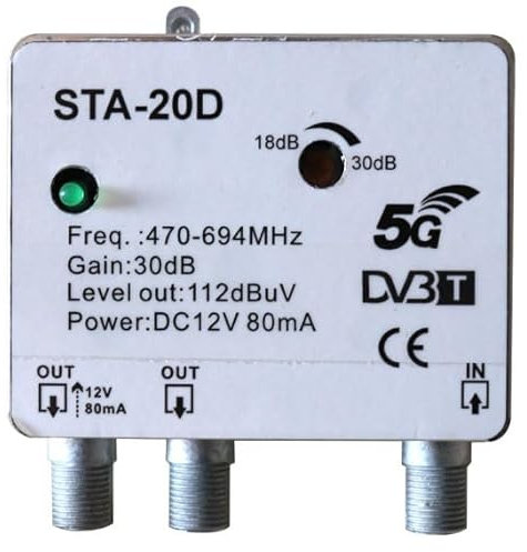 WEB Amplificatore Antenna TV da Palo STA-20D – 1 Ingresso UHF e 2 Uscite – Filtro 5G, Guadagno 30dB, 470-694MHz, Alimentazione 12V – Per Impianti DVB-T/T2