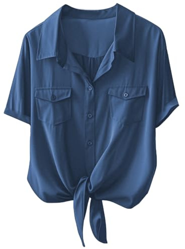 AEURPLT Women's Button Down Shirt Tie Front Short Sleeve Office Business Blouse Sheer Summer Casual Tops, Blue, Medium