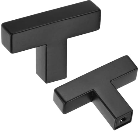 M METERXITY 2-Pack Cabinet Pulls Knobs 2in Square Black | Stainless Steel T Bar Knobs Single Hole Handles, for Dresser Drawers, Office Decorative, Kitchen Bathroom Door