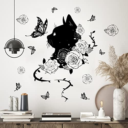 OUFEI Wall Decals Peel and Stick Black Cat Rose Stickers for Baby Kids Nursery Girls Bedroom Living Room Decoration