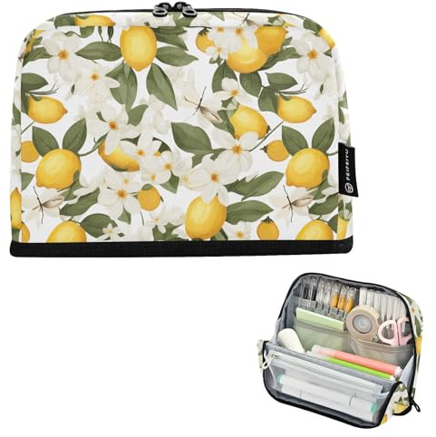 CHIFIGNO Großes stehendes Federmäppchen mit gelben Zitronen und weißen Blumen, Federmäppchen, Reißverschluss, Schreibtisch-Organizer, Schreibwaren, für Teenager, Erwachsene, College