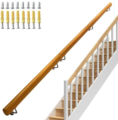 Ringhiera per scale in legno per interni, regolabile da 30 a 450 cm, ringhiera da parete per gradini e corridoi, aste di supporto robuste per interni ed esterni