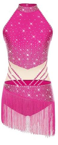 TiaoBug Damen Neckholder Latein Kleider Rückenfrei Tanzkleider Glitzer Mesh Spleiß Asymmetrischer Fransen Rock Tango Standard Tanzkostüm
