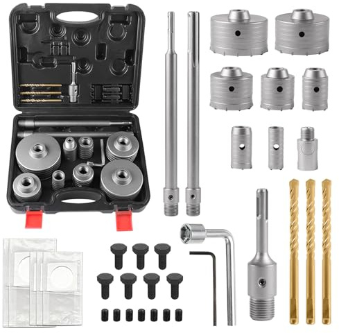 EXLECO 37 pcs Brocas para Hormigón, Sierras Perforadoras de 30/40/50/65/80/100/110 mm, Concrete Ring Saw con Brocas SDS Plus Hormigon de 110 mm y 300 mm y Broca Corona de Centrado SDS Max