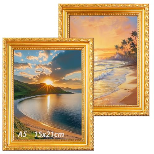 2er Set Bilderrahmen A5 Gold, 15X21CM, Leiste: 24x24MM, Vintage Rahmen mit Ständer und Wandaufhängung für Hoch und Querformat, Bilderrahmen mit bruchsicherem Acrylglas für Wand oder Tischaufsteller