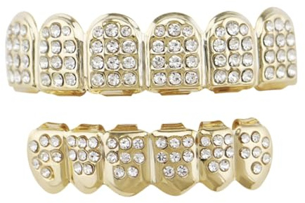 ARTSEWPLY Hip hop Zahnschmuck Goldplattierte Zähne mit Strasssteinen Leichtes Dekoratives Modell für Halloween Cosplay und Partys Diamanten oben Unten Stylische Hip hop Accessoires