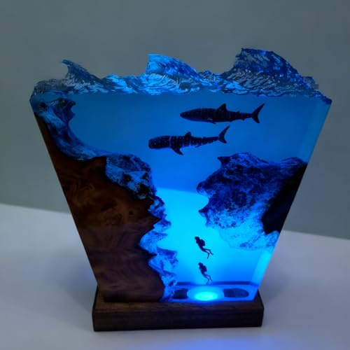 Drawelry Ocean Resin Lamp, Handmade Underwater Night Light Fish Coral Reef, Whale Shark Diorama with LED Crystal Lights Bedroom Desk Christmas Decor for Marine Lovers (Shark)