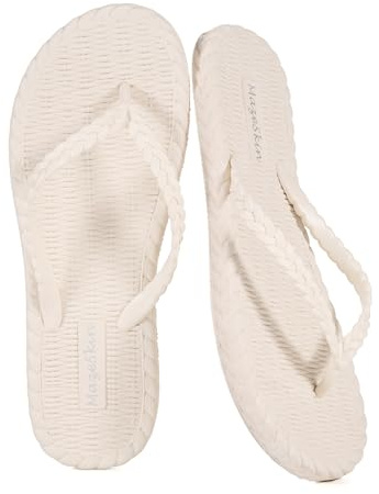 mazeskin Womens Soft Beach Shower Bath Flip Flops Sandals Beige US8 | Quick Drying Cushion Braided Waterproof Lightweight Cloud Thong Slippers Summer Comfortable Poolside Bathroom Shoes