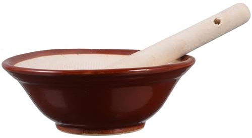 FONDOTIN Ciotola in Ceramica per Macinare Condimenti Marrone Pestello in Legno per Preparazione Alimentare e Schiacciare Aglio Design Elegante, Utensile Tradizionale in Cucina