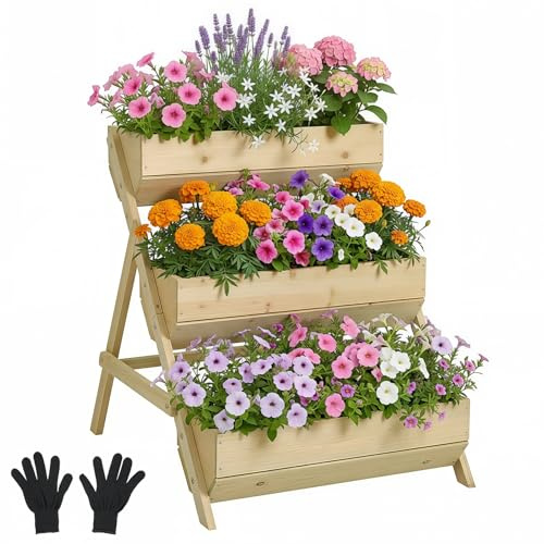 Warmiehomy 3 Tier Raised Garden Bed with Drainage Holes, Green | Wooden Planter Kit, Outdoor Elevated Planter Box for Vegetables, Flowers, Herbs, 65 x 75 x 76 cm