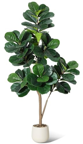Higuera artificial de 150 cm con maceta blanca y piedra triturada, planta artificial realista grande con musgo, barra de acero flexible, fácil de limpiar para salón, dormitorio, oficina, inauguración