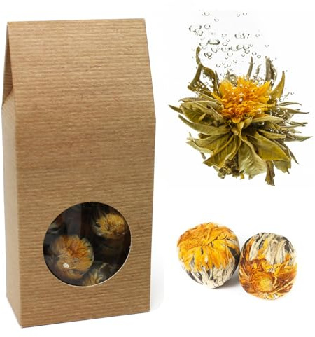 Quertee – 10 x Teeblume/Teerose fruchtiger Grüntee mit toller Blütenoptik – Teerosen mit weißen Teespitzen und Ringelblumenblüten – Golden Fortune Balls Geschenk