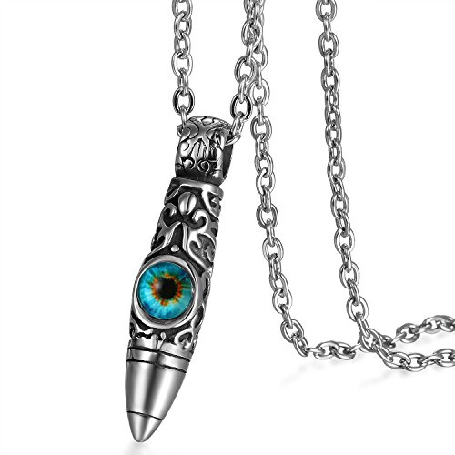 Flongo Herren-Kette Anhänger, Halskette Kette Silber Patrone Geschoß Gewehrkugel Kugel Evil Eye Böse Teufel Auge Kette Retro Männer Herren-Accessoires Schmuck