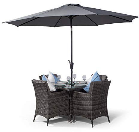 Giardino Savannah Rattan Garden Dining Set 4 Seater Outdoor Square Table & Chairs with Ice Bucket, Parasol & Cover, Patio Furniture Set, Aluminium Frame, 90 x 90cm, Grey