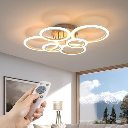 RUYI Plafonnier Led avec Telecommande,72W Eclairage de Plafond,6 Anneaux Ronde Acrylique Lampe Plafond Dimmable,2800-7000K,Lustre pour Salon Chambre Bureau Cuisine Couloir [Classe énergétique B]