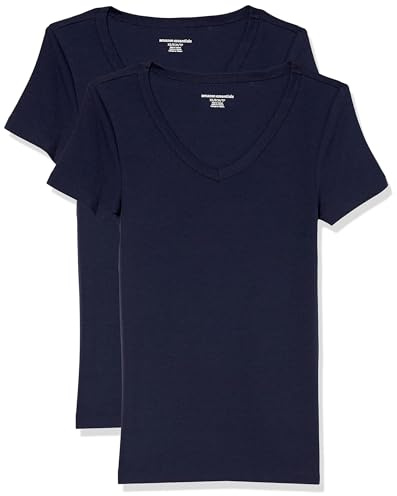 Amazon Essentials Women's Kortärmad V-ringad T-shirt smal passform, Pack of 2, Marinblå, XL