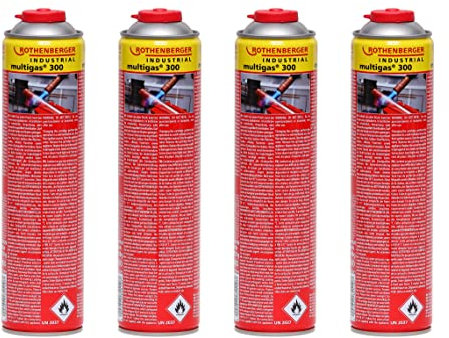 ROTHENBERGER Industrial Multigas 300 Gas Kartusche | 600 ml | 338g | Anschluss: 7/16“ EU | Norm EN 417 selbstverschließend | 4 Stück