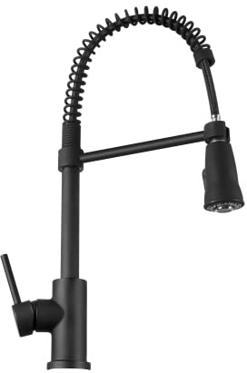 Dura Faucet DF-NMK504-MB RV Swivel High-Arc Spring Kitchen Sink Faucet - Single Handle - Kitchen Faucet with Pull-Down Sprayer - Optional Deck Plate (Matte Black)