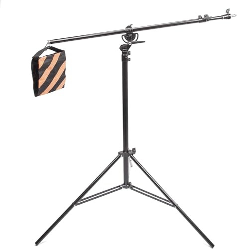 BOLLUMA Photo Studio Support de Lumière 390cm avec Bras Girafe 190cm, Trépieds pour Éclairage Réglable avec Sac de Sable pour Photographie Vidéo Lumière