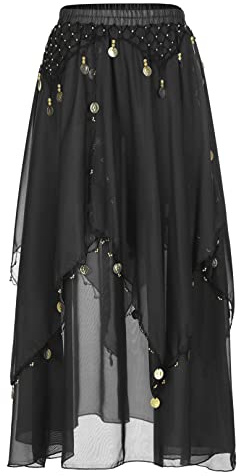ranrann Femme Jupe Danse du Ventre Fendue Élastique Mousseline Costume Danse Orientale Performance A Noir Taille Unique