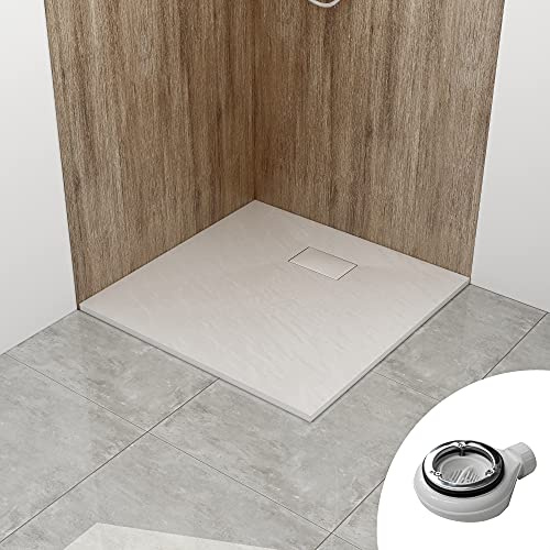 WITEN&NOCK SMC Duschwanne 90x90cm weiß Steinoptik mit Ablauf Ø90mm | 32 mm Extraflach Antirutsch Duschtasse mit Ø 90mm Siphon & Edelstahl Abdeckung，bruchfest, Vielseitige Montage, hygienisch