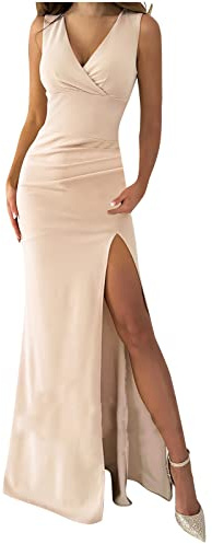 AACH Damen Elegant Abendkleid Sexy V Ausschnitt Maxikleid Lang Kleid Brautjungfer Kleider Unifarben Slim Fit Ballkleider Elegant Geschlitztes Cocktailkleid Ärmellos Abendkleider