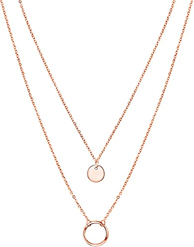 day.berlin Damen Halskette Circle 18k vergoldet | mit Ring & Coin Anhänger, zweireihige Layering Kette 42+50+5cm, 316L Edelstahl nickelfrei & wasserfest