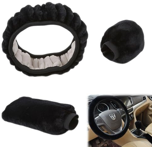 Lenkradbezug Plüsch, Winter Lenkradbezug, Steering Lenkradschoner für Auto, Handbremse Schaltabdeckung, Teleskop Lenkrad Abdeckung, für Lenkräder Mit Einem Durchmesser Von 38cm, 3 Stück(Schwarz)