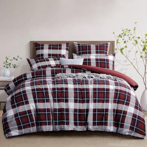 RUIKASI Bettwäsche 220x240 3 teilig Rot - Bettbezug 220 x 240 Set mit Tartan Muster, Bettwäsche-Sets 220x240cm aus Mikrofaser mit Reißverschluss Weich und Bügelfrei