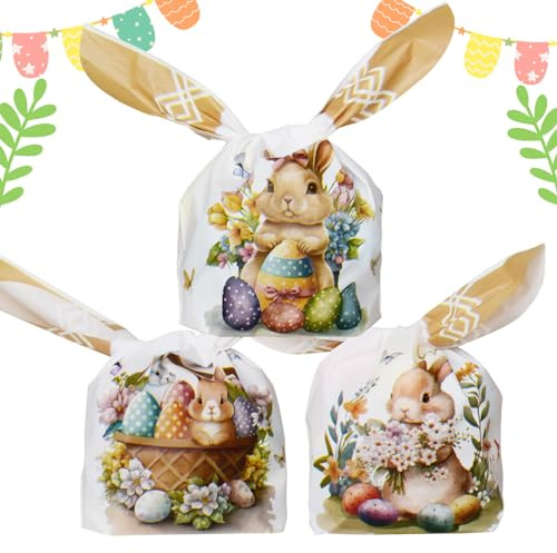 50 Stück Oster-Geschenktüten für Kinder, Küken, Ostertüten für Kinder, Oster-Süßigkeitentüten, Partytüten, Frohe Ostern, Hasentüten für Osterparty, Kinder (B) (gelb)