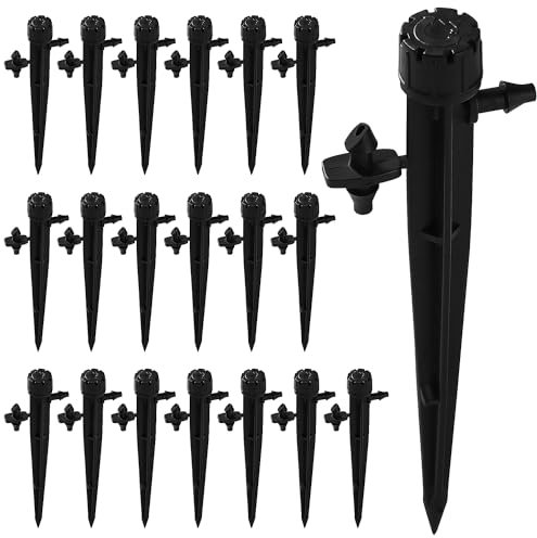 VooGenzek 20 PCS 360 Degree Adjustable Irrigation Dripper Sprinkler, Micro 8-Hole Stake Emitter Dripper for 4/7 mm Garden Hose Irrigation System, Water Flow Stake Emitter, Black (with Connector)