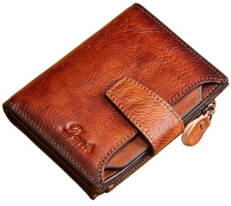 EMEBAY Portafoglio da Uomo in Vera Pelle, Portamonete da Uomo | con Grande Capacità, Blocco RFID, Tasca con Cerniera, Porta Carte di Credito, Bronzo, 13 cm, Rétro