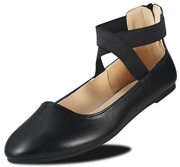 EMMA NEW YORK Ankle Strap Flats for Women, Women Flat Ballerina Shoes, Women's Ballet Flats with Strap (Pu Black, 9)