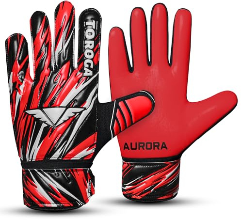 TOROGA Infinity Pro Junior Guanti da portiere per bambini – Guanti da calcio con grip in lattice, protezione per le dita e doppio cinturino al polso – Per ragazzi e ragazze (rosso, 2)