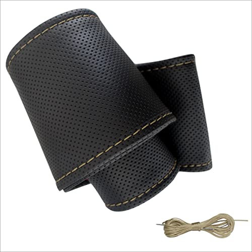 Lenkradbezug Pu Leder, Auto Lenkradhülle zum schnüren Nähen mit Nadel und Faden gepunktet UNIVERSALGRÖSSE 37-39 cm M2 Schwarz Beige Naht