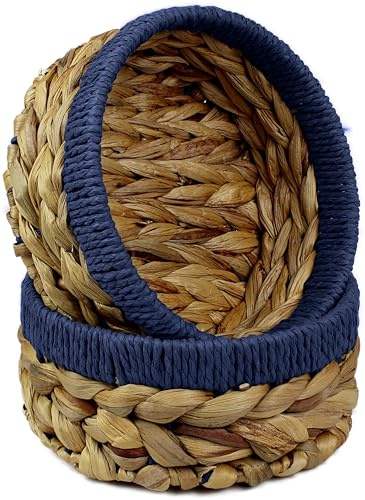 Small Water Hyacinth round baskets for storage Natural Blue edges for shelves open hamper. Decorative gift mini tray make up Kitchen organiser (2 x Pack, Medium 18cm)