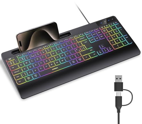 Seenda KOE200 Wired RGB Backlit Keyboard with Phone Holder and Palm Support for Windows and Mac OS Systems, 2-in-1 USB and Type C Connector for PC Laptop Computer MacBook iMac, Black